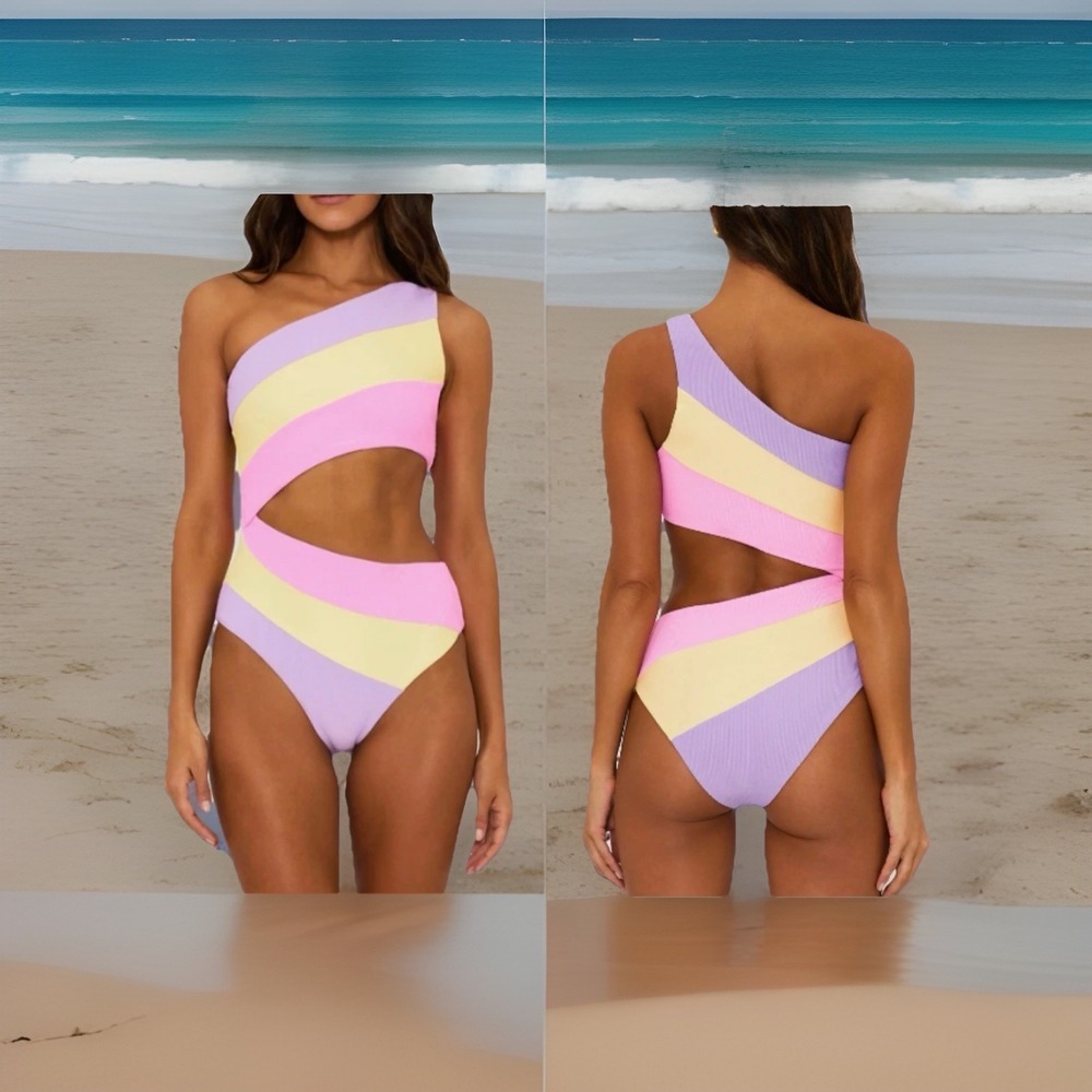 Beach Riot Joyce Stripe Cutout One Piece Swimsuit One Shoulder Sz XL Pastel Pink